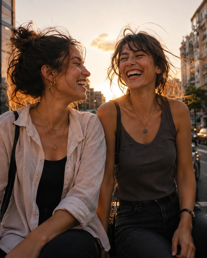 Two friends sharing a laugh in the evening sun