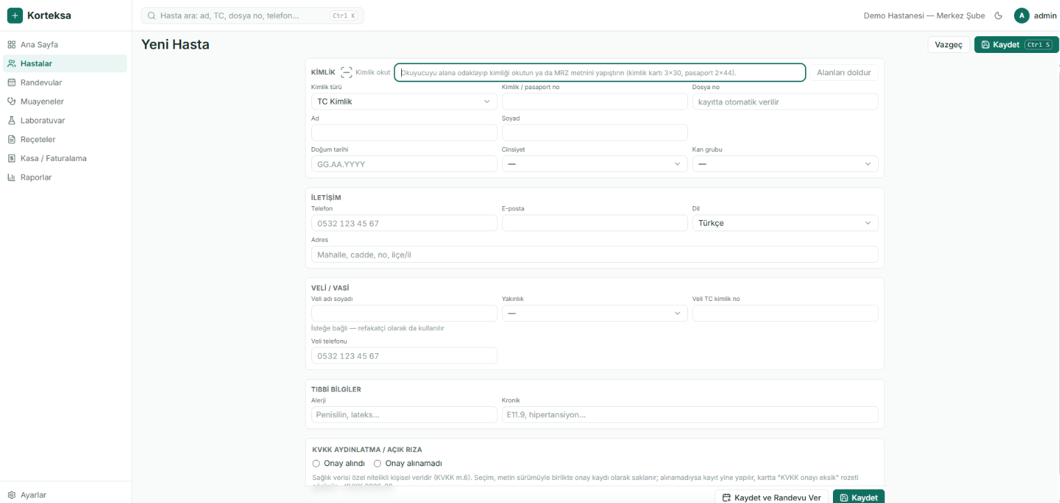 Actual Korteksa demo screen with a blank patient registration form and hospital management menus, in Turkish